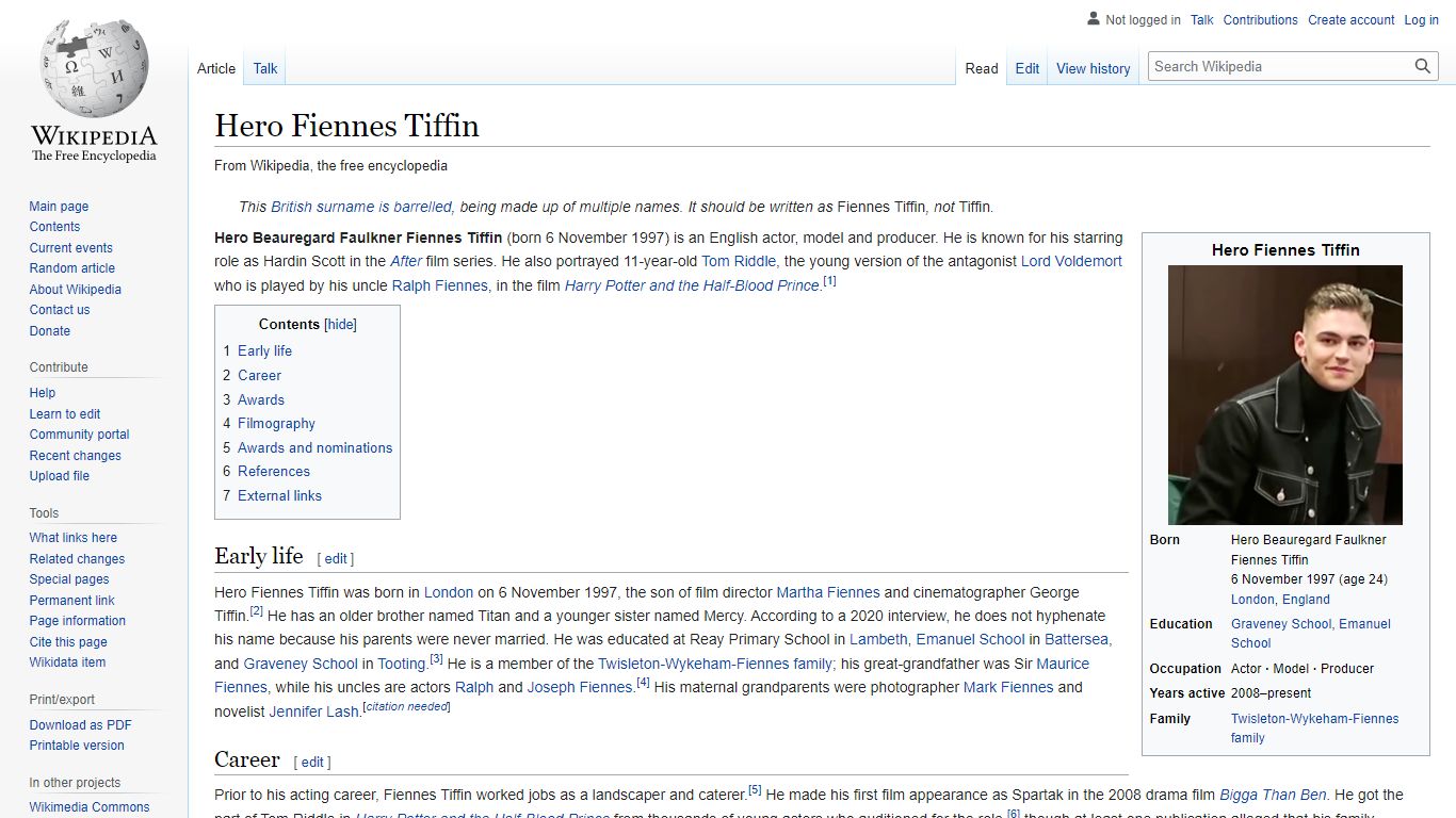 Hero Fiennes Tiffin - Wikipedia
